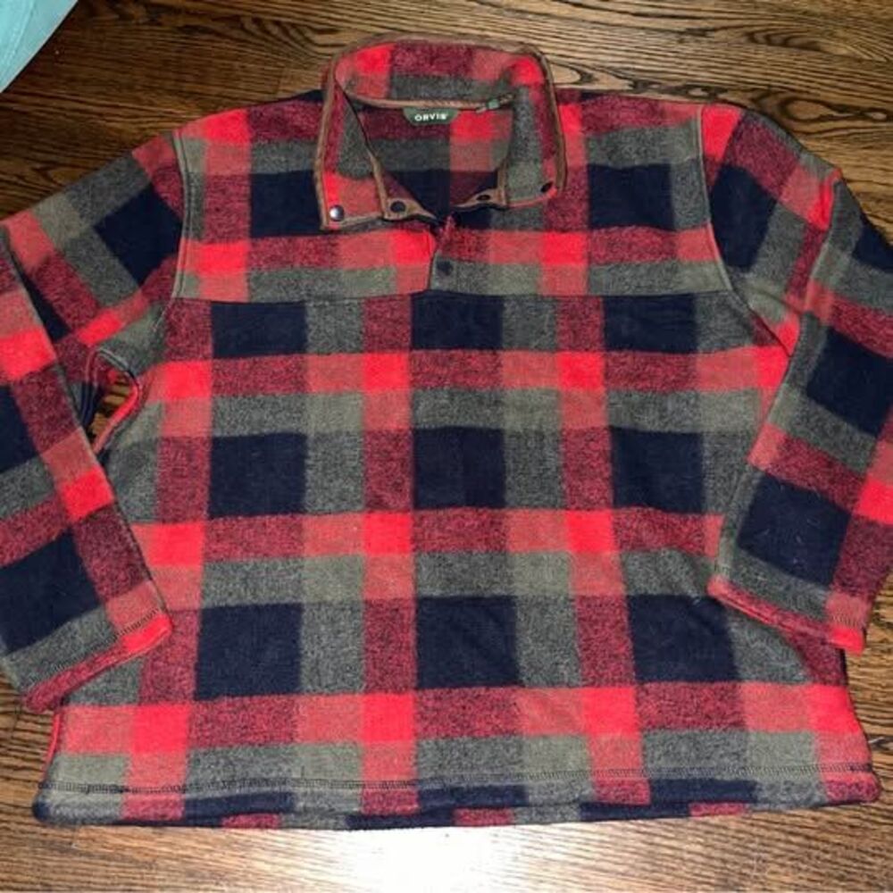 Vintage ORVIS XL Men’s Pullover Heavy Plaid Wool-like Red Plaid T-Snap Polyester